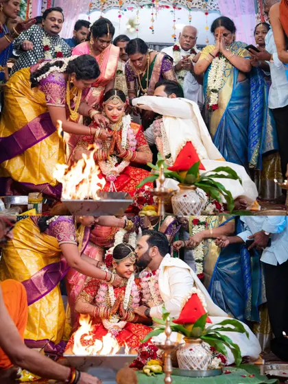 A collage of the couple during the Havan ceremony, surrounded by family. The groom's kiss on the bride's forehead is a tender, candid moment.