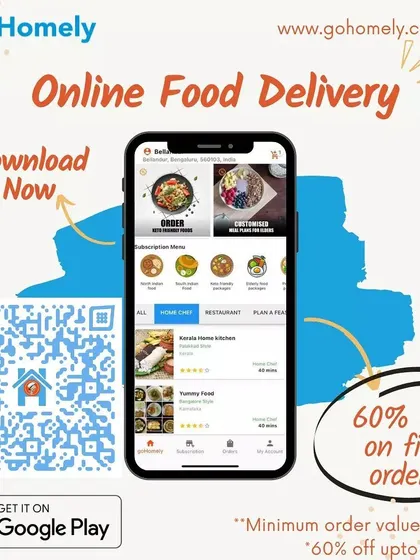 Getting started with us is easy. This graphic shows how you can download our app using the QR code to browse menus from home chefs across Bangalore and place your order. New users also receive a special discount.