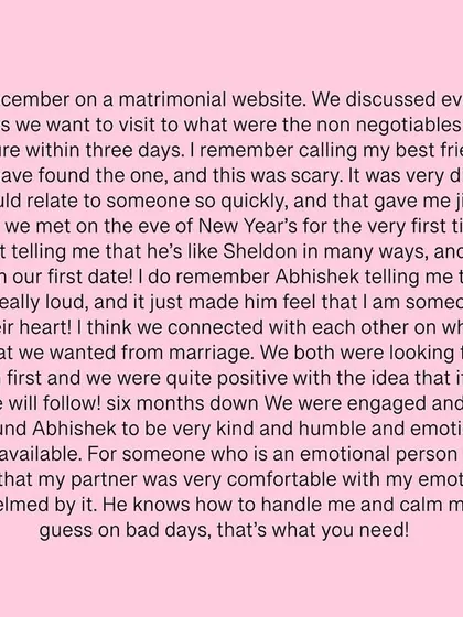 Another part of Susheta's heartfelt note, describing how she knew she had found "the one" within three days. These are the stories that give us goosebumps.