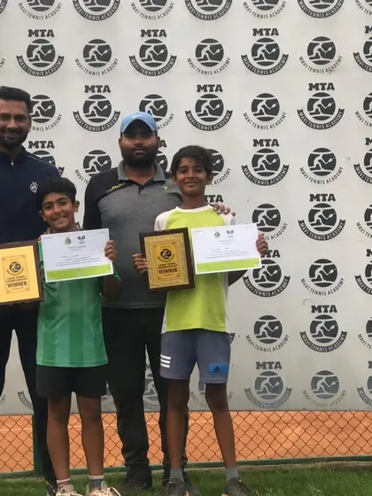 Our coaches with the winners of the AITA Talent Series U-14 singles and doubles categories, held in March 2023.