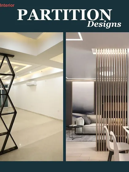 This image showcases two partition designs that define spaces beautifully. One is a bold, geometric metal screen, while the other is a subtle wooden slat divider for a dining area.