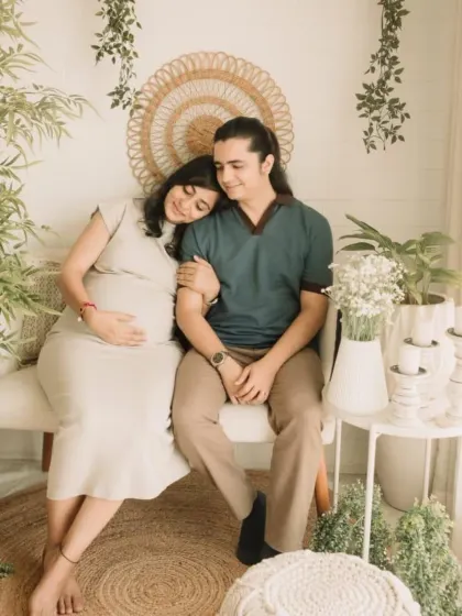 A lovely portrait of the couple. The natural makeup look ensures that the focus remains on their connection and the special moment they are celebrating.