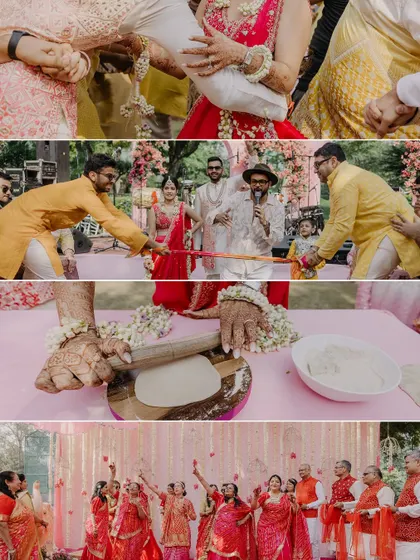 A collage showcasing the various fun games and rituals of a modern Haldi ceremony, from tug-of-war to making rotis.