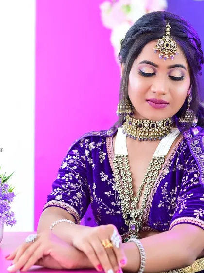 Another portfolio shot from a makeup class, featuring our purple Victorian bridal set. The vibrant background makes the jewellery and makeup pop.