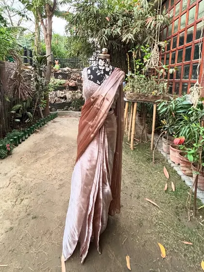 A closer look at the 'SAJEELI' saree, draped on a mannequin in our garden. The ombre effect of the fabric is subtle yet stunning.
