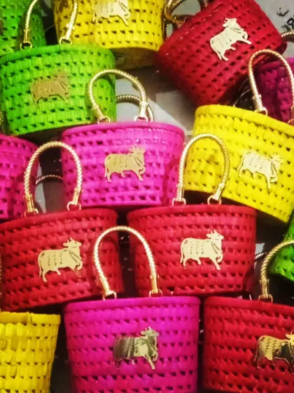 Our Pichwai cow hamper baskets are a customer favorite. The bright colors and auspicious motif make them a perfect return gift for any celebration.