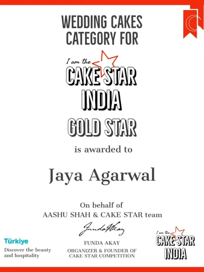 The official certificate for my Gold Star award from Cake Star India. It's an honor to be recognized by my peers and industry leaders.