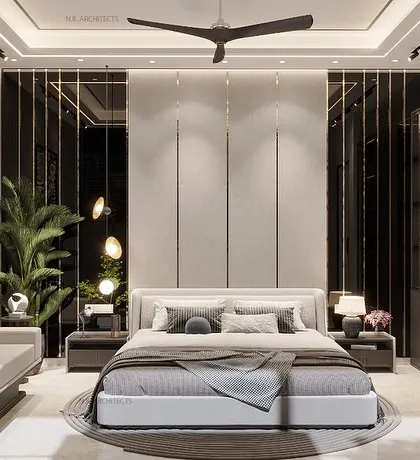 Another view of the pool-attached bedroom, highlighting the use of mirrors and vertical lines to create a sense of height and space. The design is modern, clean, and incredibly luxurious.