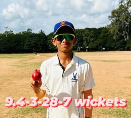 A graphic celebrating Prathyush G Shetty's phenomenal 7-wicket haul in the KSCA BTR U-14 tournament.