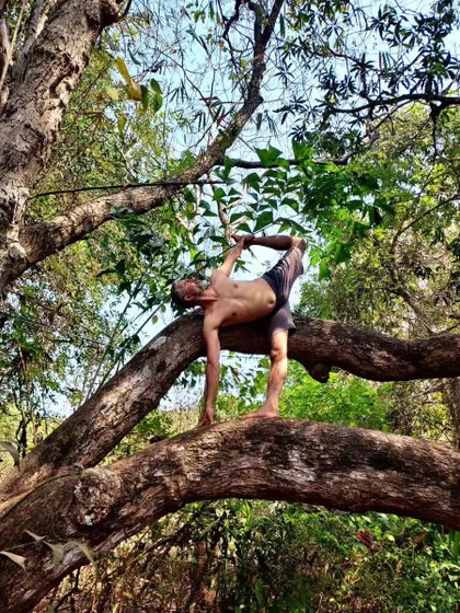 Finding balance with nature. This is Ardha Chandra Chapasana (Sugarcane Pose) on a tree branch, a beautiful moment of connecting my practice with the strength and stillness of the world around us.