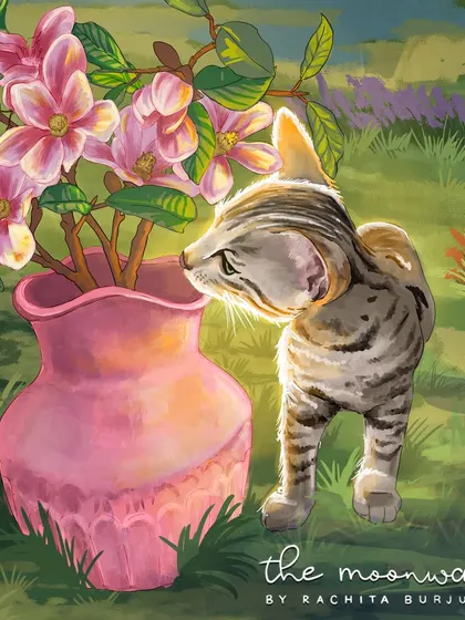 This digital illustration was the first in a series for a client's two cats, Marshmallow and Mozzarella. Here, one of the curious kitties is inspecting a vase of magnolia flowers.