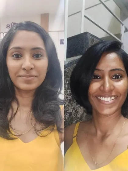 The before and after of my client's hair makeover. We went from long, shapeless hair to a chic, modern bob that frames her face beautifully and brings out her features.