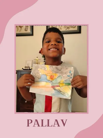 Pallav proudly holds his sunset landscape. Learning art is not just about technical skills, but about expressing yourself and your view of the world.