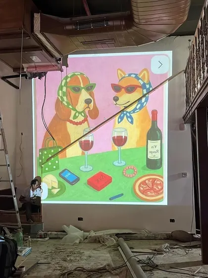 Another projection test for a quirky, custom art piece at Melt House. This process ensures the artwork fits the space perfectly and aligns with the overall fun and eclectic vibe we were creating.