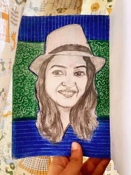 I often use friends as muses for my portrait practice. This is a quick sketch where I tried to capture her likeness and personality with just a pencil and some simple background patterns.