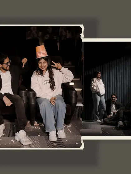 A fun and quirky shoot inside our movie theater set, complete with popcorn and playful poses, showing that pre-wedding shoots can be anything you want them to be.