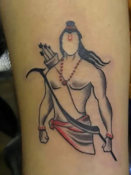 A stylized tattoo of Lord Ram. This design uses bold outlines and minimal color to create a modern, graphic representation of the revered deity.