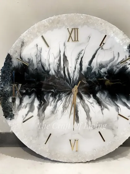 Looking for a unique statement piece for your living room? This large 24-inch resin wall clock features a dramatic black and white abstract design, perfect for modern interiors.