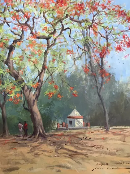 A collaborative acrylic painting of a Gulmohar tree, done with another artist. This piece was created to celebrate Gulmohar Day in Satara.