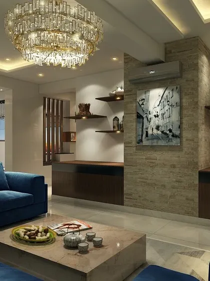 Another view of the sapphire blue living room, highlighting the open shelving for decor and the warm, ambient lighting that creates a cozy and inviting atmosphere.