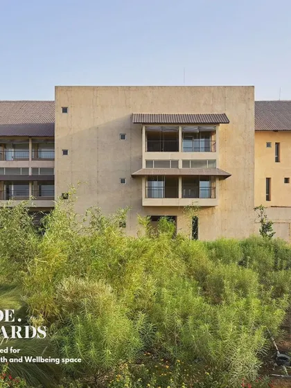 The award-shortlisted JSW Sanjeevani Hospital in Dolvi, nestled within its natural landscape. Our design aimed to create a healing environment that feels connected to the earth, using natural materials and ensuring green views from every part of the building.