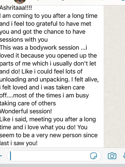 A beautiful message from a client who returned for a bodywork session after two years. She describes feeling alive, loved, and taken care of, a space to receive after always giving to others.