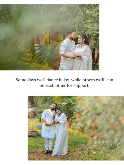 A candid portrait of the couple in a garden setting. The natural foliage provides a soft, organic frame, highlighting their relaxed and happy connection.