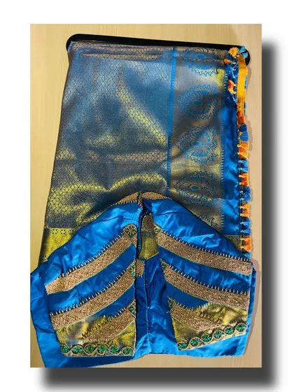 This is another blouse option I created for the same blue silk saree. This design focuses on heavy embroidery on the sleeves, showing how a different blouse can completely change the feel of the outfit.