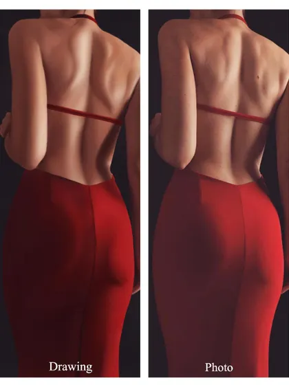 A comparison of my digital drawing and the original reference photo. It shows how I interpret a photo to create a piece of art that has depth and a painterly feel.