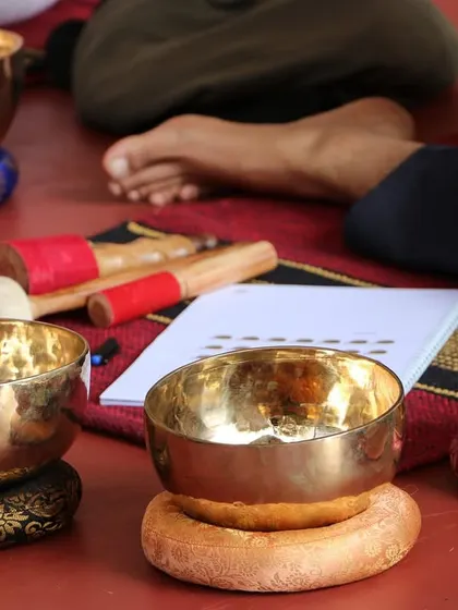 Sound is ancient medicine. This is a typical setup for my Sound Healing Teacher Training Course, with Tibetan bowls, mallets, and notebooks ready for the students to learn and practice.