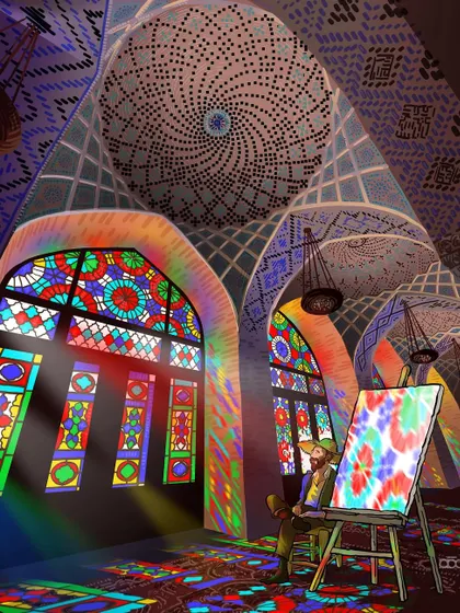 I place Vincent inside the stunning Nasir al-Mulk Mosque in Shiraz, his canvas reflecting the kaleidoscopic light from the stained glass. It is a tribute to the power of color and light to silence self-doubt and inspire awe.
