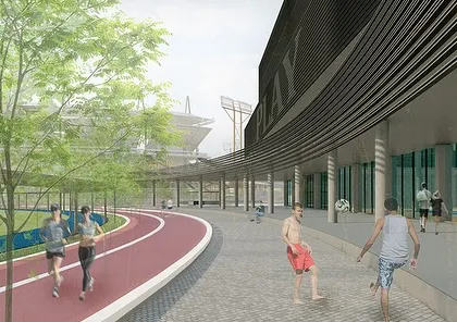 Movement is central to the design of the MCA Sports Block. This view shows the dedicated running track alongside the shaded walkway, illustrating how I design spaces that actively encourage wellness and connection, with the main stadium always visible in the background.