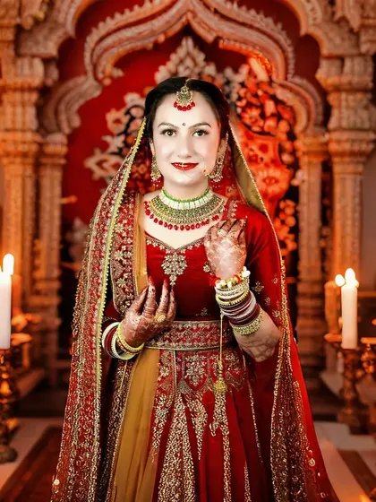A stunning bridal portrait in a majestic setting. The warm candle light and ornate background perfectly complement her red and gold lehenga.