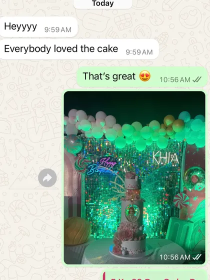Nothing makes us happier than a delighted client. This screenshot of a client's feedback for our 5-tier custom Barbie cake is a testament to the joy and satisfaction we aim to deliver with every single creation.
