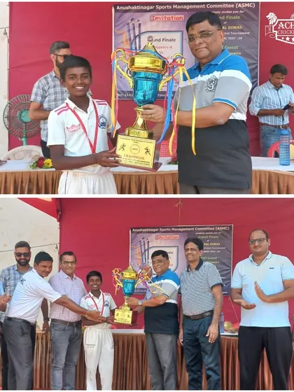 The trophy presentation ceremony at the Anushaktinagar Sports Management Committee U-12 tournament. A proud moment for our young champion.