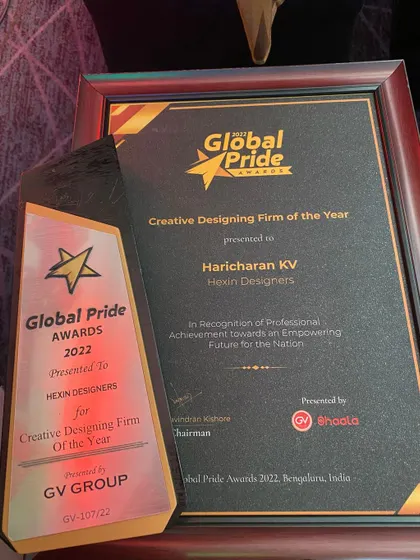 A close-up of our "Creative Designing Firm of the Year" award and certificate. We are grateful for the recognition of our professional achievement in the industry.