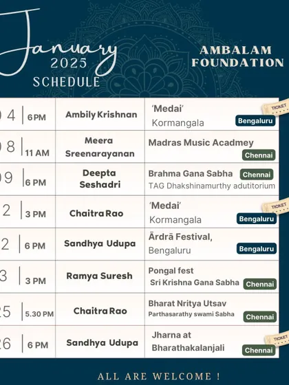 The January 2025 schedule for the Ambalam Foundation, with our students performing at prestigious venues in Bengaluru and Chennai.