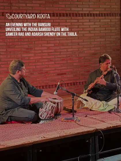 An evening with the Indian bamboo flute, featuring Sameer Rao and Adarsh Shenoy on the tabla. The warm brick wall of our indoor stage provides a beautiful, earthy backdrop for traditional music performances.