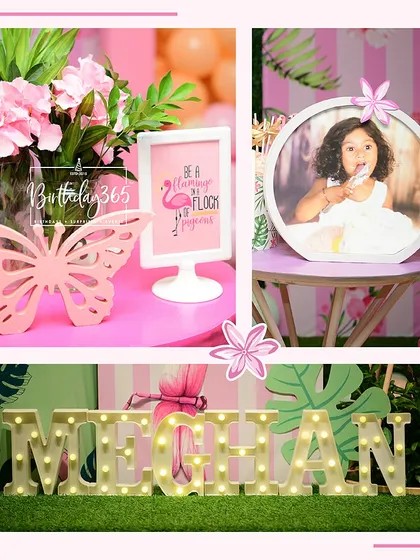 Personalized details make a party special. This collage shows custom marquee letters, a framed photo of the birthday girl, and a "Be a Flamingo" sign.