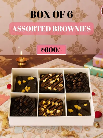During Diwali, I offer festive gift boxes like this one featuring six assorted fudgy brownies. It's a perfect modern treat for gifting to friends, family, or for corporate clients during the festival of lights.