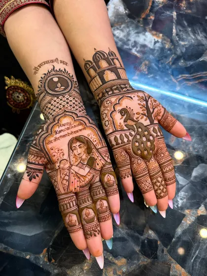 A beautiful Karwa Chauth design with intricate details. One hand shows a woman with a diya, while the other features a peacock and architectural elements, creating a complete festive story.