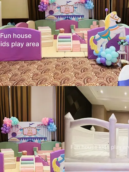A collage showcasing a carnival-themed party with our pastel play area and a white bouncy castle.