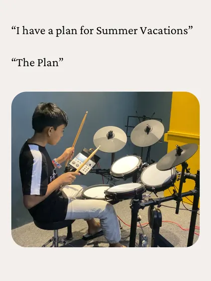 Another great summer plan is to learn the drums. A student practicing on our electronic drum kit.
