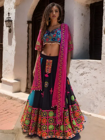 Festive Radiance. Shine bright in this resplendent multi-colored lehenga, a true celebration of style and vibrant craftsmanship, perfect for Navratri or a sangeet.