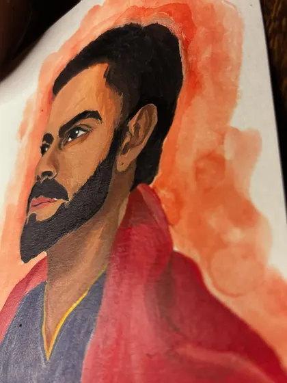A side view of the Virat Kohli watercolor portrait.
