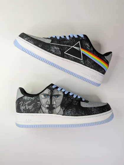 I transformed this pair of Nike Air Force 1s with iconic Pink Floyd album art. Featuring The Division Bell and The Dark Side of the Moon, these kicks are a must-have for any classic rock fan.