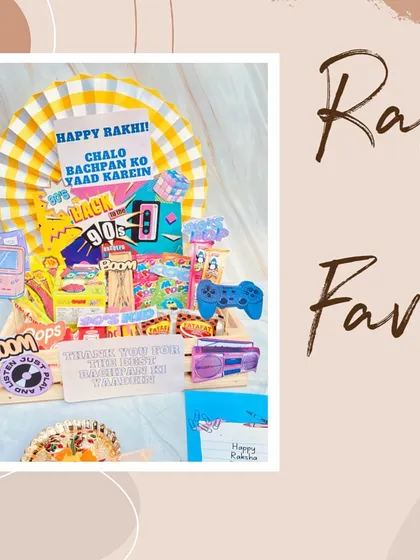 A creative collage showcasing our 90s-themed Rakhi hamper, perfect for siblings who grew up in that vibrant decade.