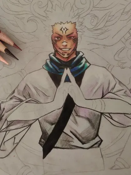 A work-in-progress of Sukuna from the anime Jujutsu Kaisen. This shows the initial coloring of the face and clothes before the background and finer details are added.