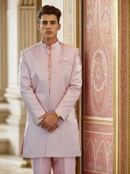 A tailor-made pink sherwani, perfect for the groom who wants a modern and romantic look for his wedding.