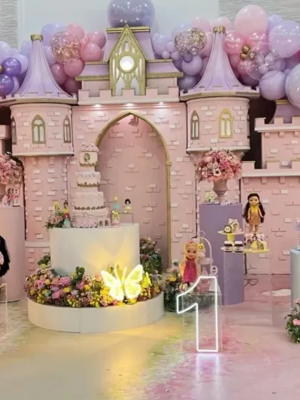 Another angle of our stunning princess castle, showing the beautiful floor decal and the arrangement of dessert tables, creating a complete and immersive scene.